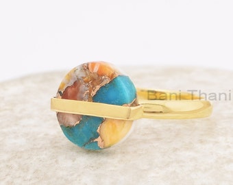 Oyster Turquoise Ring -  Sterling  - Gold Plated Ring - 12mm Flat Round - Bani Thani - Jewelry For Graduate - Gift For Protection