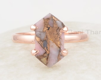 Opal Ring - Pink Opal Copper 8x15mm Hexagon - Gemstone Ring - 925 Sterling Silver - Rose Gold Plated - Gift For Women - Ring for Sale