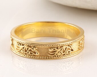 Minimal    Ring - Solid Gold Plated Ring - Vintage Ring - Miniature Embossed Stacking Band - Floral Pattern Wedding Ring