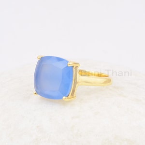 Stunning Blue Chalcedony 12mm Cushion Gemstone Ring, 925 Sterling Silver Ring, Gold Plated Ring, Wedding Gift Ring, Girls Ring, Anxiety Ring