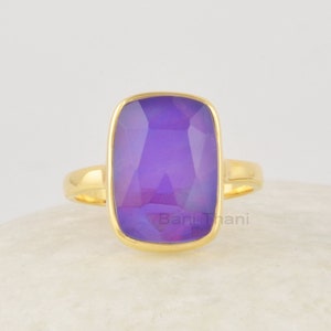 Purple Aurora Opal Ring, 925 Silver Ring, Boho Gemstone Ring, 18k Gold Plated Statement Rings, Opal Lilac Ring, Cushion Cut Ring For Her