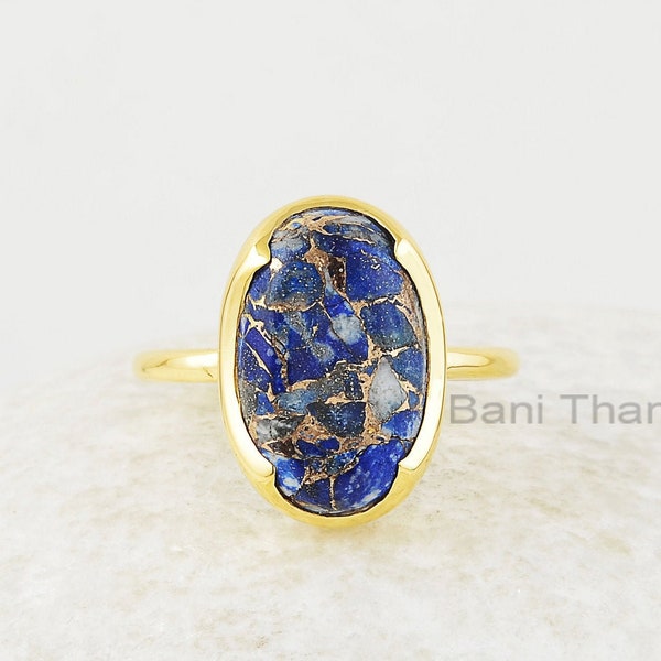 Koperen Lapis Lazuli edelsteen ring - verguld - 10x16mm ovaal - massief zilver - handgemaakte ring - mode-sieraden - cadeau voor de reiziger