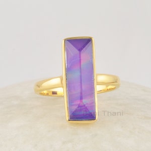 Purple Opal Ring, Aurora 6x18mm Rectangular Gemstone Silver Ring, Handcrafted 18k Gold Plated silver 925 Ring, Purple Gemstone Ring For Mom