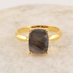 Labradorite Cushion Ring, 8x10mm Gemstone Silver Ring, 18k Gold Plated Sterling Silver Band, Stackable Gold Ring, Minimalist Vintage Ring