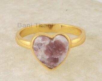 Natural Lepidolite Ring - 10mm Heart Shape Gemstone Ring -   Ring - 18k Gold Plated - Jewelry Gift for Bride - Handmade Rings