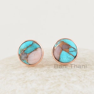 Pink Opal Turquoise Stud Earrings - Pure Silver - Handmade Studs - 9x9mm Round - Party Jewelry - Gift For Lover - Jewelry For Grand Daughter