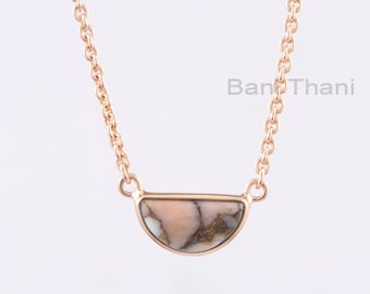 Elegant Pink Opal Copper Necklace, 7x14mm Half Moon Gemstone Necklace, 18k Gold Plated 925 Silver Bezel Necklace, Anniversary Gift Necklace