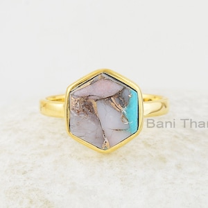 Turquoise Ring, Pink Opal Copper Turquoise 10mm Hexagon Gemstone Silver Ring, Bezel Set Ring, 18K Gold Plated Ring, Best Gift For Women