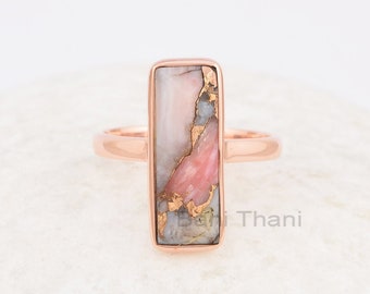 Pink Opal Copper Pyramid 6x18mm Rectangle Gemstone Ring, 925 Sterling Silver Ring, Rose Gold Plated Ring, Anxiety Ring, Antique Silver Ring