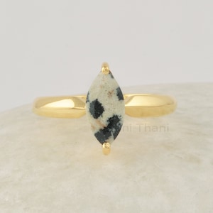 Jasper Ring, Dalmatian Jasper Minimalist Ring, 5x10mm Marquise Shape Gemstone Ring, Gold Plated Silver Ring, Silver Women Ring, Dainty Ring