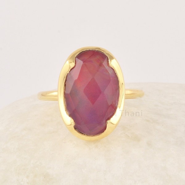 Red Opal Ring, 10x16mm Oval Shape Aurora Opal Gemstone Ring, 18k Gold Plated Perfect Gift for He, 925 Sterling Silver Ring For Unique Woman