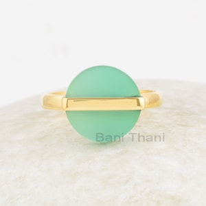 Aqua Chalcedony Ring - 12mm Flat Gemstone - 925 Sterling Silver - Gold Plated Ring - Modern Jewelry - Gift for Girls - Jewelry for The Bride