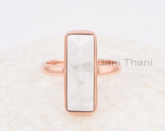 Howlite Pyramid 6x18mm Rectangle Shape Gemstone Ring, Rose Gold Plated 925 Sterling Silver Ring, Dainty Ring, Birthday Gift Ring, Bezel Ring