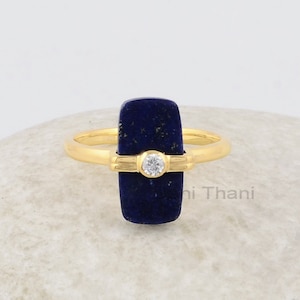 Lapis Lazuli 8x15mm Gemstone Ring - Solid Silver Handmade Ring - 18k Gold Plated Ring - Gift for Womens - Rings for Ladies - CZ Set Jewelry