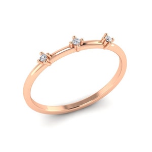 14k Solid Gold Diamond Band Ring, Anniversary Diamond Ring, Triple Stone Prong Ring, Thin Gold Ring, Minimalist Stacking Ring, Women Ring