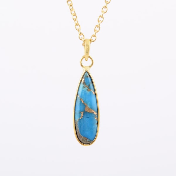 Collier Turquoise, Bleu Cuivre Turquoise 8x25mm Poire Collier en Pierre Précieuse, 18k Or Plaqué Argent Briolette Collier Femmes, Cadeau Saint-Valentin