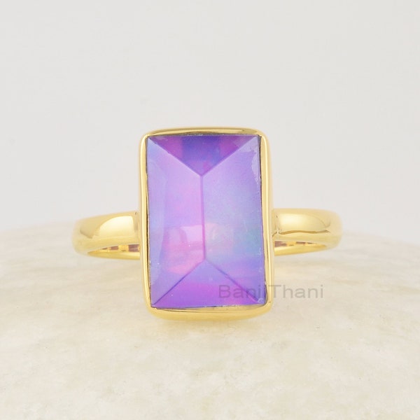 Purple Aurora Opal Ring, 8x12mm Rectangular pyramid Gemstone Ring, Sterling Silver Birthstone Ring, Vintage Gold Plated Ring, Gift for Her