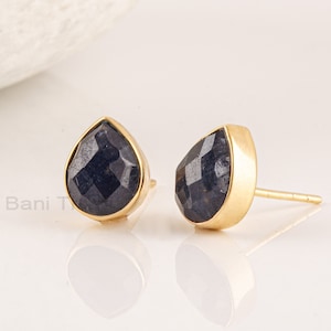 Natural Sapphire Stud Earrings - Sterling Silver - Gold Plated - Pear Shape Blue Gemstone - Birthstone Earrings - Sapphire Stud for Women