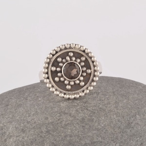 Smoky Quartz Ring, Solid 925 Sterling Silver Ring, Boho Ring For Women, 5mm Round Smoky Gemstone Ring, Quartz Statement Ring, Gift For Her