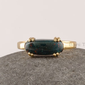Bloodstone Ring, 13x5mm Oval Shape Double Prong Gemstone Ring, Minimalist Curved Ring, Gold Plated 925 Sterling Silver Ring Gift For Him