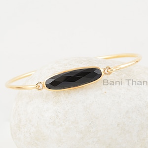 Black Onyx Bangles - Gold Plated Bracelet - Solid Silver - 7x25mm - Natural Stone Jewelry - Jewelry For New Beginning - Gift For Bridesmaid
