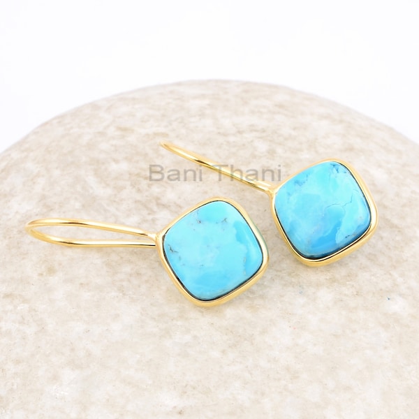 Arizona Turquoise Drop Earrings, Arizona Turquoise 10mm Cushion Gemstone Earrings, 18k Gold Plated 925 Silver Earrings, Women's Gift Earring