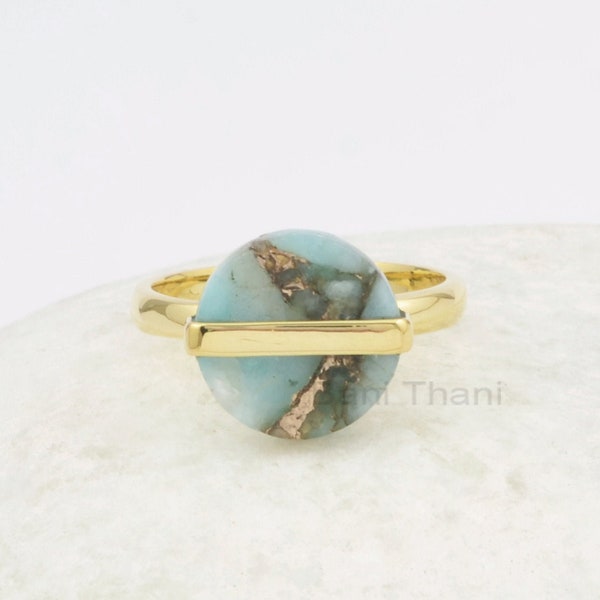 Amazonite Ring - Solid Silver - Gold Plated Ring - 12mm Flat Round Stone - Amazonite Copper Jewelry- Jewelry for Girlfriend - Gift for Nurse