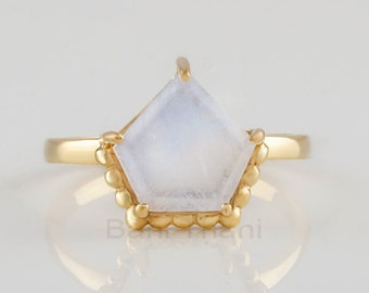 Diamond Shape Moonstone Silver Ring, Modern Gold Plated Boho Ring For Women, 925 Sterling Silver Dainty Ring, Handmade Delicate Ring