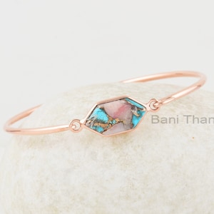 Turquoise Pink Opal Bangle - 925 Sterling Silver - Rose Gold Plated Bracelet - 9x18mm Hexagon- Gift For Girls - Jewelry for Date