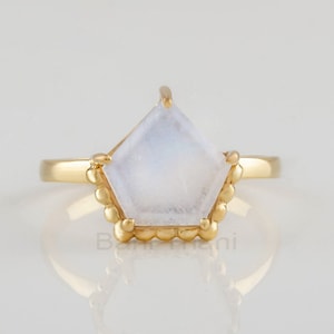 Diamond Shape Moonstone Silver Ring, Modern Gold Plated Boho Ring For Women, 925 Sterling Silver Dainty Ring, Handmade Delicate Ring