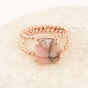 Twisted Band Pink Opal Copper Ring, 10mm Cushion Shape Gemstone Ring, 925 Sterling Silver Ring, Rose Gold Plated Ring, Minimalist Gift Ring