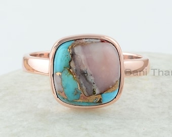 Turquoise Ring - 925 Silver - Pink Opal Copper Turquoise - Cushion Ring - Rose Gold Plated Ring- Sterling Silver Ring, Mojave Turquoise Ring