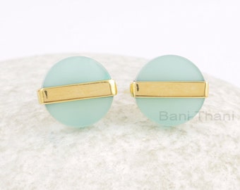 Aqua Chalcedony Earrings - Flat Round Stud Earrings - 925 Silver Earring - Gold Plated Earrings - Gift for Girls - Jewelry for Bridesmaid