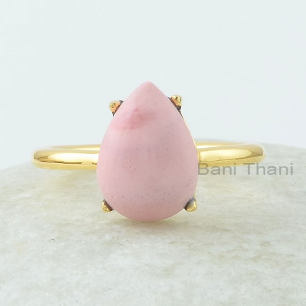 Opal Cabochon Ring, Pink Opal 9x12mm Pear Shape Gemstone Ring, 18k Gold Plated Pink Opal Ring, 925 Silver Ring, Prong Set Opal Cabochon Ring