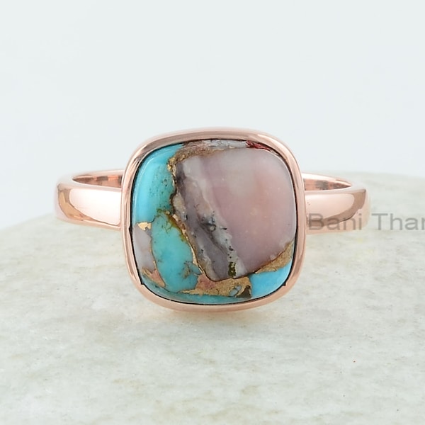 Turquoise Ring - 925 Silver - Pink Opal Copper Turquoise - Cushion Ring - Rose Gold Plated Ring- Sterling Silver Ring, Mojave Turquoise Ring