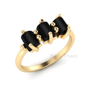Black Onyx Silver Ring, Three Gemstone Ring, Dainty Yellow Gold Plated Ring, Handmade 925 Sterling Silver Ring, Rectangle Minimalist Ring