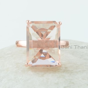 Anello Morganite - Argento Sterling 925 - Rettangolo sfaccettato - Anello placcato oro rosa 12x16 mm - Gioielli con pietre preziose