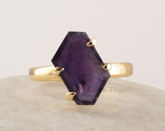 Amethyst Gemstone Ring, Equiangular Hexagon Silver Ring, Gold Plated 925 Sterling Silver Ring, Statement Ring For Women, Jewelry For Brides