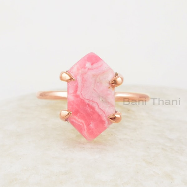 Rhodochrosite Ring - Pure Silver - Handmade Ring - 8x15mm Hexagon Gemstone- Artisan Jewelry - Jewelry for Young Mom - Gift for Sister In Law