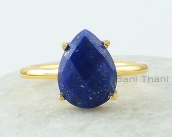 Lapis Lazuli Ring - 9x12mm Pear Gemstone - Prong Set Ring - Gold Plated Ring - 925 Sterling Silver - Ring For Women - Jewelry for Bridesmaid