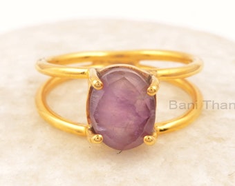Amethyst Oval Gemstone Silver Ring, Sterling Silver 18k Gold Plated Ring, Double Band Gold Minimalist Ring, Handmade Ring Gift For Her