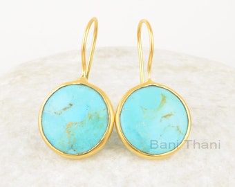 Beautiful Arizona Turquoise Drop Earrings, Arizona Turquoise 15mm Round Gemstone 925 Silver Earrings, 18k Gold Plated Earrings, Gift Earring