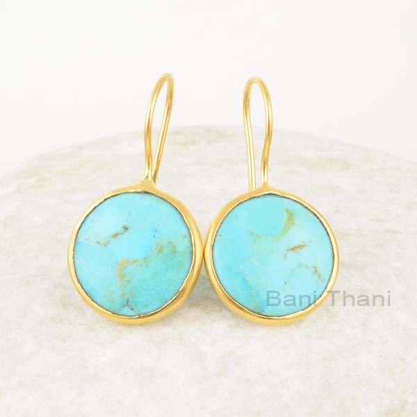 Belles boucles d'oreilles pendantes turquoise Arizona, boucles d'oreilles en argent 925 avec pierres précieuses rondes Arizona turquoise de 15 mm, boucles d'oreilles plaquées or 18 carats, boucle d'oreille cadeau