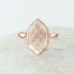 Morganite Ring - Pure Silver - Handcrafted Ring - Rose Gold Plated - Faceted Hexagon - Healing Jewelry - Gift For Lady - Jewelry For Bride