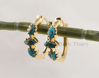 Blue Turquoise Earrings - Marquise Gemstone Earrings - Hoop Earrings - Gold Plated Earrings - Gift For Her - Gift for Wife -   Hoop