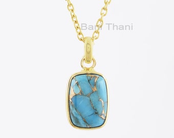 May include: Gold chain necklace with a square turquoise pendant. The turquoise is a light blue colour with gold flecks throughout.