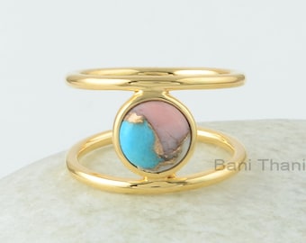 Turquoise Pink Opal Ring - 925 Sterling Silver Ring - 8mm Gemstone Ring - Gift for healing - Womens Ring - Pink Opal Turquoise Copper Ring