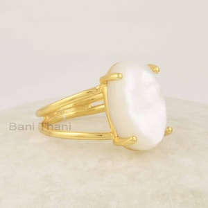 10x15mm Oval Shape Mother Of Pearl Ring, Pearl Double Band Silver Minimalist Rings, Prong Ring, Promise Ring, Silver 18k Gold Plated Ring