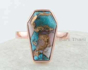 Pink Opal Copper Turquoise Ring - Gemstone Ring - Sterling Silver - 10x17 mm Coffin - Fashion Jewelry - Gift For Student - Jewelry For Lover