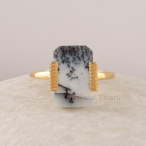 Dendritic Agate Gemstone Ring, 9x14mm Rectangle Gemstone Ring, Solid 925 Sterling Silver Ring, 18k Gold Plated Ring, Wedding Gift For Her